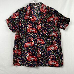 Print Fresh Pajama Top Women XS Navy Blue Red Crane Floral Cotton Short Sleeve